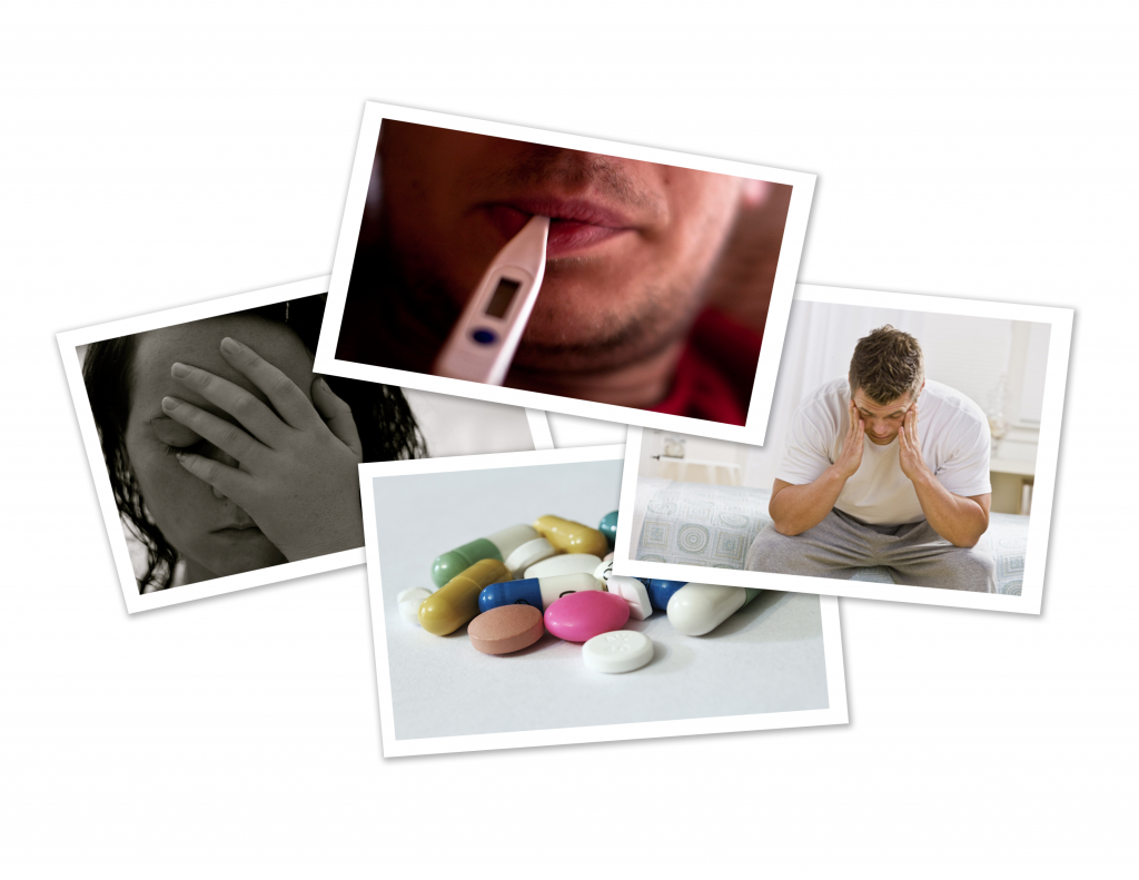 Collage composed of four pictures of common seizure triggers: 1) A confused woman with a headache; 2) A man using a thermometer; 3) a man holding his head and, 4) Some pills.