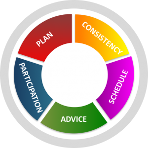 Infographic with five ways of providing support: consistency, schedule, advice, participation, and plan.